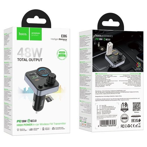 FM-трансмітер HOCO E86 Alegria PD30W + QC3.0 Bluetooth 5.4 (чорний)