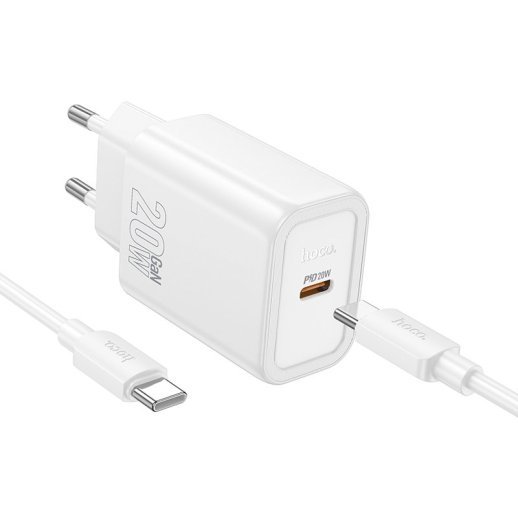 Зарядний пристрій HOCO N60 Gentle, 20 Вт PD, один USB-C порт, комплект з кабелем Type-C to Type-C, EU-вилка, білий
