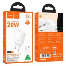 Зарядний пристрій HOCO N60 Gentle, 20 Вт PD, один USB-C порт, комплект з кабелем Type-C to Type-C, EU-вилка, білий