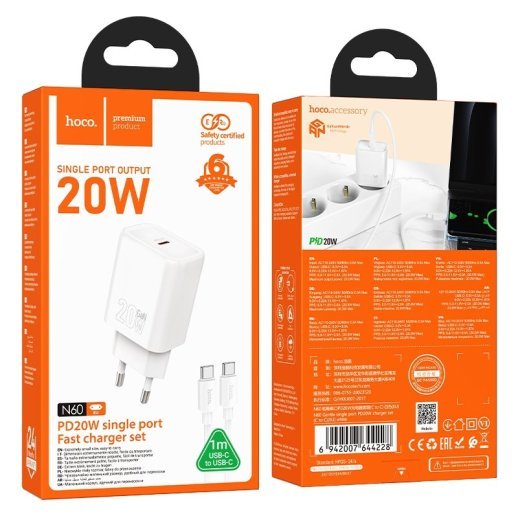 Зарядний пристрій HOCO N60 Gentle, 20 Вт PD, один USB-C порт, комплект з кабелем Type-C to Type-C, EU-вилка, білий