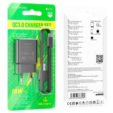 Мережевий зарядний пристрій Borofone BA72A USB QC3.0 + кабель USB - Type-C, чорний