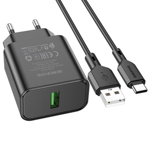 Мережевий зарядний пристрій Borofone BA72A USB QC3.0 + кабель USB - Type-C, чорний