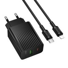 Мережевий зарядний пристрій BOROFONE BAS74A TYPE-C PD 20W / USB QC3.0 + кабель TYPE-C - LIGHTNING, чорний
