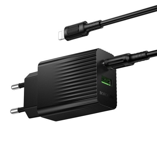 Мережевий зарядний пристрій BOROFONE BAS74A TYPE-C PD 20W / USB QC3.0 + кабель TYPE-C - LIGHTNING, чорний