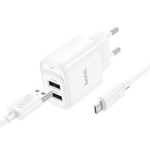 Мережевий зарядний пристрій HOCO C141A 2*USB 2.4A + кабель USB - MicroUSB, білий