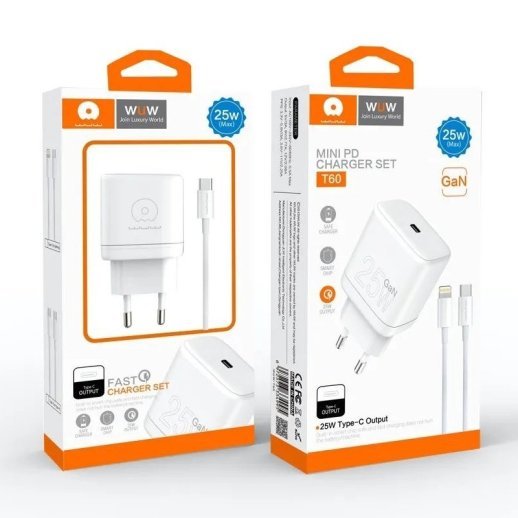 Мережевий зарядний пристрій WUW T60 GaN TYPE-C PD 25W + USB кабель Type-C - Type-C