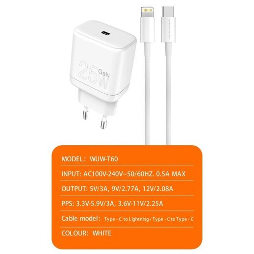 Мережевий зарядний пристрій WUW T60 GaN TYPE-C PD 25W + USB кабель Type-C - Type-C