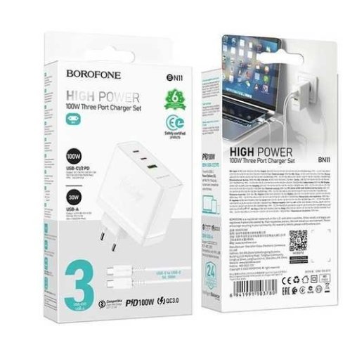 Мережевий зарядний пристрій BOROFONE BN11 100W PD + QC3.0 USB-C 2 | USB-A 1 + кабель TYPE-C - TYPE-C білий