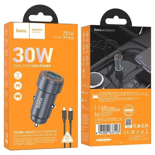 Автомобільний зарядний пристрій HOCO Z57A PD 30W + QC3.0 кабель TYPE-C - LIGHTNING, сірий
