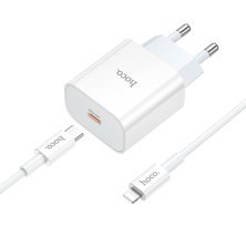 Мережевий зарядний пристрій HOCO NT10 TYPE-C PD 20W + кабель TYPE-C - LIGHTNING, БІЛИЙ