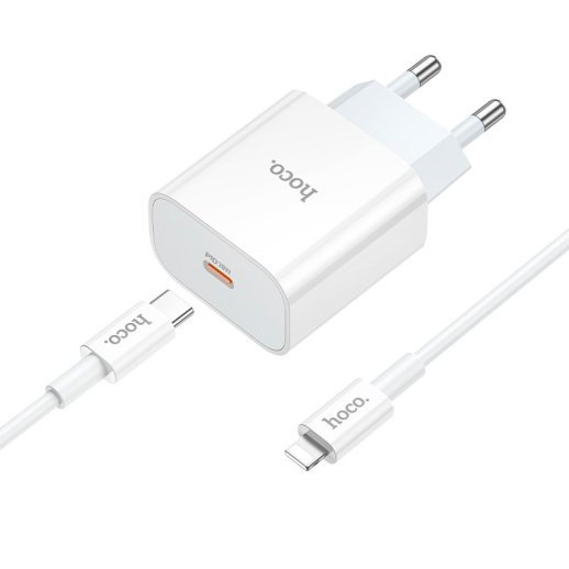 Мережевий зарядний пристрій HOCO NT10 TYPE-C PD 20W + кабель TYPE-C - LIGHTNING, БІЛИЙ