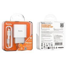 Мережевий зарядний пристрій HOCO NT10 TYPE-C PD 20W + кабель TYPE-C - LIGHTNING, БІЛИЙ