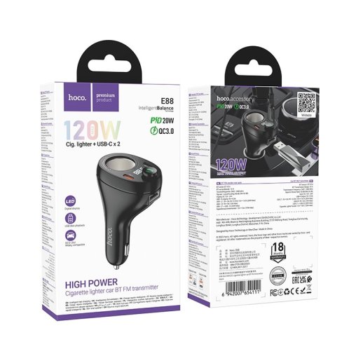FM-трансмітер автомобільний HOCO E88 Bluetooth 5.4 / PD20W / QC3.0 / 2xUSB-C / USB / DC 120W