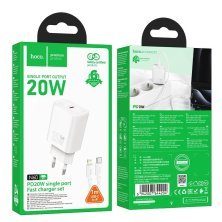 Зарядний пристрій HOCO N60 Gentle, 20 Вт PD, один USB-C порт, комплект з кабелем Type-C to Lightning, EU-вилка, білий