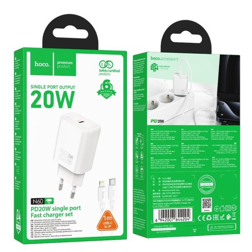 Зарядний пристрій HOCO N60 Gentle, 20 Вт PD, один USB-C порт, комплект з кабелем Type-C to Lightning, EU-вилка, білий