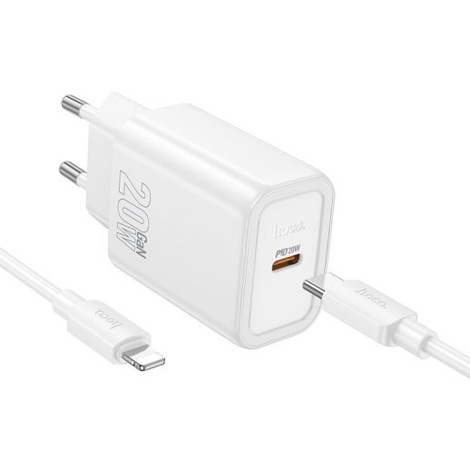 Зарядний пристрій HOCO N60 Gentle, 20 Вт PD, один USB-C порт, комплект з кабелем Type-C to Lightning, EU-вилка, білий