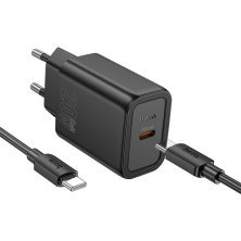 Зарядний пристрій HOCO N60 Gentle, 20 Вт PD, один USB-C порт, комплект з кабелем Type-C to Type-C, EU-вилка, чорний
