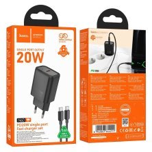 Зарядний пристрій HOCO N60 Gentle, 20 Вт PD, один USB-C порт, комплект з кабелем Type-C to Type-C, EU-вилка, чорний