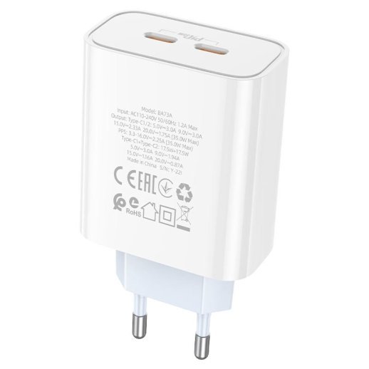 Мережевий зарядний пристрій BOROFONE BA73A Young 2*Type-C PD 35W, білий