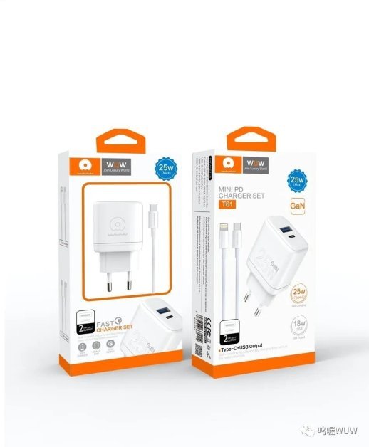 Мережевий зарядний пристрій WUW T61 GaN TYPE-C PD 25W | USB + USB кабель Type-C - Type-C