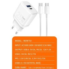 Мережевий зарядний пристрій WUW T61 GaN TYPE-C PD 25W | USB + USB кабель Type-C - Type-C