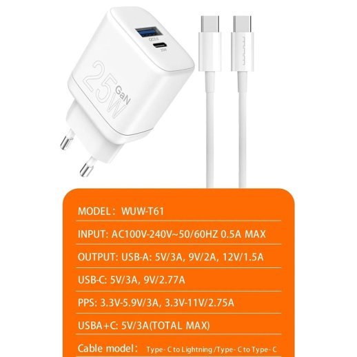 Мережевий зарядний пристрій WUW T61 GaN TYPE-C PD 25W | USB + USB кабель Type-C - Type-C