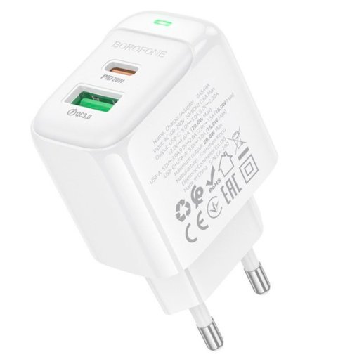 Мережевий зарядний пристрій BOROFONE BAS44A TYPE-C PD 20W + USB QC3.0, білий