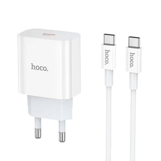 Мережевий зарядний пристрій HOCO NT10 TYPE-C PD 20W + кабель TYPE-C - TYPE-C, БІЛИЙ