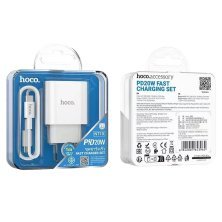 Мережевий зарядний пристрій HOCO NT10 TYPE-C PD 20W + кабель TYPE-C - TYPE-C, БІЛИЙ