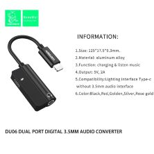 AUX ПЕРЕХІДНИК DENMEN DU06 LIGHTNING to 3.5mm + GHARGER Audio converter SILVER