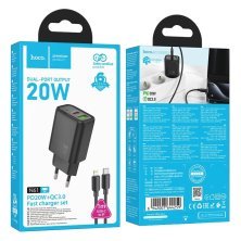 Мережевий зарядний пристрій HOCO N61 Gentle TYPE-C PD 20W + USB QC 3.0 + кабель TYPE-C - LIGHTNING, чорний