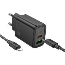 Мережевий зарядний пристрій HOCO N61 Gentle TYPE-C PD 20W + USB QC 3.0 + кабель TYPE-C - LIGHTNING, чорний