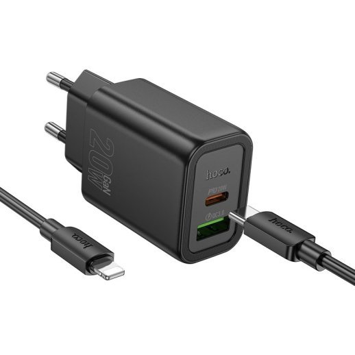 Мережевий зарядний пристрій HOCO N61 Gentle TYPE-C PD 20W + USB QC 3.0 + кабель TYPE-C - LIGHTNING, чорний