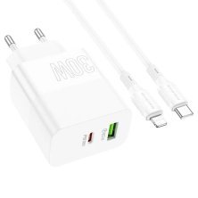 Мережевий зарядний пристрій BOROFONE BA75A Powerful dual port PD30W+QC3.0 + кабель TYPE-C - LIGHTNING