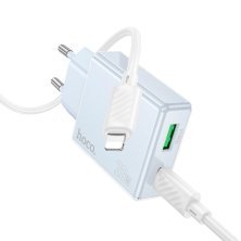 Мережевий зарядний пристрій HOCO C142A TYPE-C PD 20W + USB QC3.0 + кабель TYPE-C - LIGHTNING, блакитний