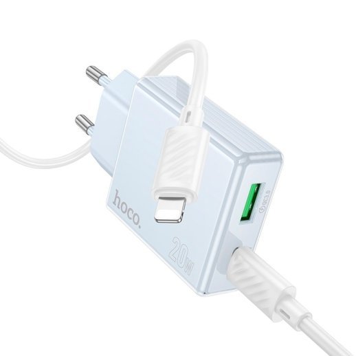 Мережевий зарядний пристрій HOCO C142A TYPE-C PD 20W + USB QC3.0 + кабель TYPE-C - LIGHTNING, блакитний