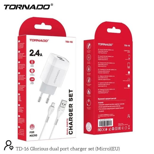 Сетевое Зарядное Устройство 2in1 TORNADO TD-16 (2USB 2.4A) Micro White