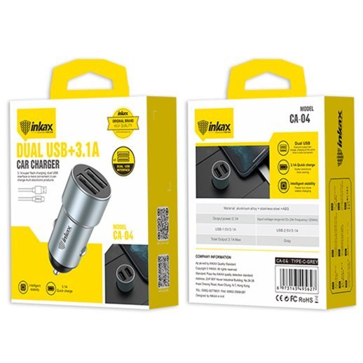 Автомобільний зарядний пристрій INKAX CA-04 3.1A, 2 USB, USB кабель TYPE-C