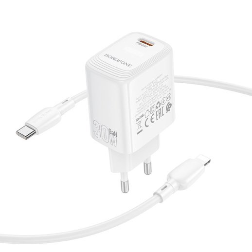Мережевий зарядний пристрій BOROFONE BN28 PD 30W + кабель TYPE-C - LIGHTNING, білий