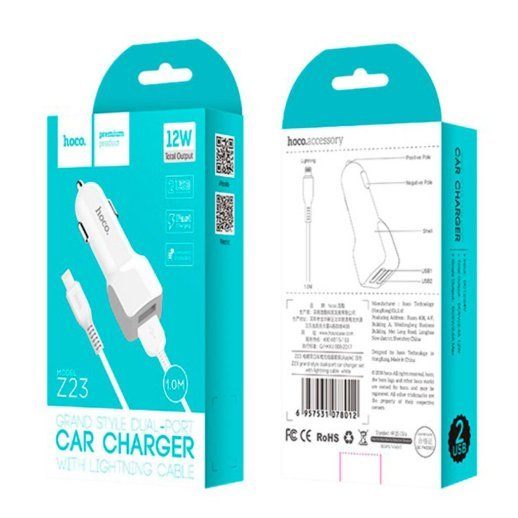 Автомобільний зарядний пристрій HOCO Z23 2USB 2.4A + кабель USB - Lightning, білий