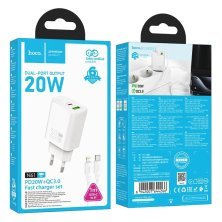 Мережевий зарядний пристрій HOCO N61 Gentle TYPE-C PD 20W + USB QC 3.0 + кабель TYPE-C - LIGHTNING, білий