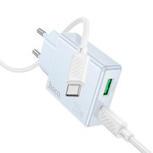 Мережевий зарядний пристрій HOCO C142A TYPE-C PD 20W + USB QC3.0 + кабель TYPE-C - TYPE-C, блакитний