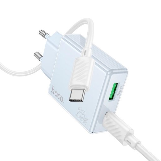Мережевий зарядний пристрій HOCO C142A TYPE-C PD 20W + USB QC3.0 + кабель TYPE-C - TYPE-C, блакитний