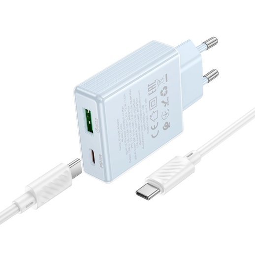 Мережевий зарядний пристрій HOCO C142A TYPE-C PD 20W + USB QC3.0 + кабель TYPE-C - TYPE-C, блакитний