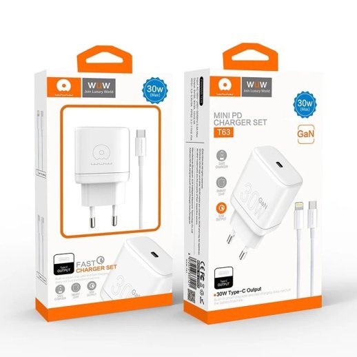 Мережевий зарядний пристрій WUW T63 GaN TYPE-C PD 30W + USB кабель Type-C - Type-C