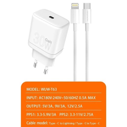 Мережевий зарядний пристрій WUW T63 GaN TYPE-C PD 30W + USB кабель Type-C - Type-C