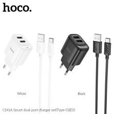 Сетевое зарядное устройство HOCO C141A (2×USB, 2.4A) + кабель USB  -  Type-C, белый