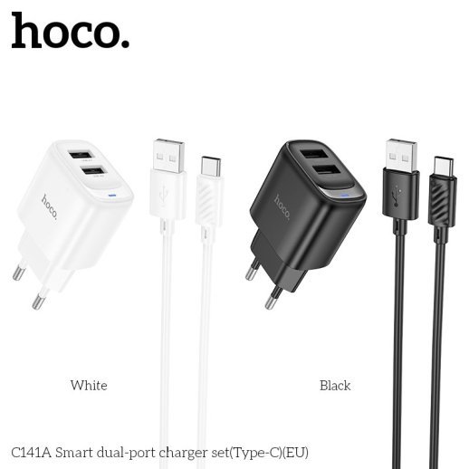 Сетевое зарядное устройство HOCO C141A (2×USB, 2.4A) + кабель USB  -  Type-C, белый