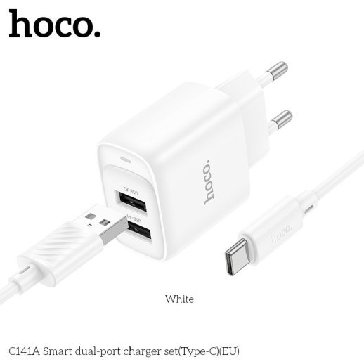 Сетевое зарядное устройство HOCO C141A (2×USB, 2.4A) + кабель USB  -  Type-C, белый