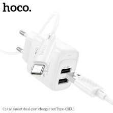 Сетевое зарядное устройство HOCO C141A (2×USB, 2.4A) + кабель USB  -  Type-C, белый